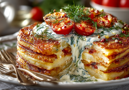 Как драники, только вкуснее и ароматнее. Картофельный торт: все просто — тут только оладьи и соус