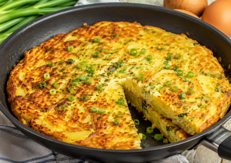 Картофельная лепешка с яйцами на сковороде — проще не придумать: золотая корочка и нежная серединка