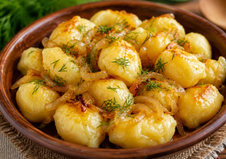 Картофельные клецки с луковой зажаркой — беру 3 картошки, луковицу и сливочное масло: получается так вкусно, что пальчики оближешь
