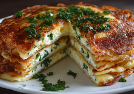 Весенний блинный пирог с сыром и зеленью: слоистый, ароматный и очень вкусный — подаю к чаю и на ужин