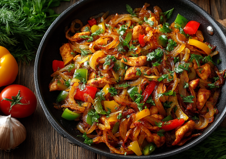 Мясная сковородка с карамелизированным луком: быстрый ужин из курицы и овощей