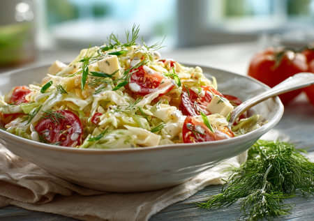 Молодая капуста, томаты и сыр: все смешала — и вкусная закуска на столе. Хоть к картошечке, хоть к мясу