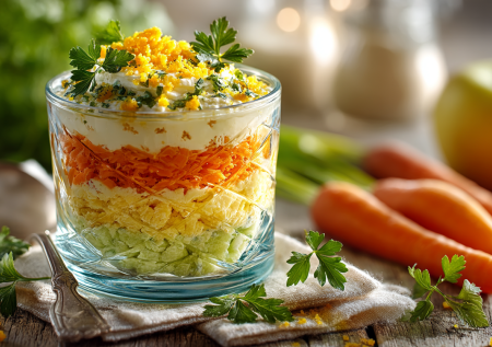 Салат «Париж» с яблоком и плавлеными сырками: слоёный, воздушный и очень вкусный — рецепт для всей семьи.
