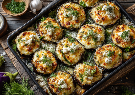Баклажаны для тех, кому нельзя жареное и жирное: запеченные колечки с шапочкой без майонеза