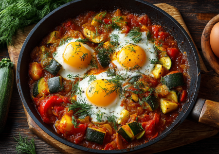 Королевский завтрак из кабачков — яркое, сочное блюдо с яйцами, помидорами и специями