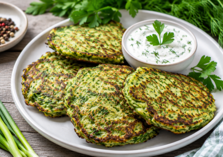 Все лето делаю зеленые оладьи: вкусный способ съесть много зелени — подаю с чесночным соусом