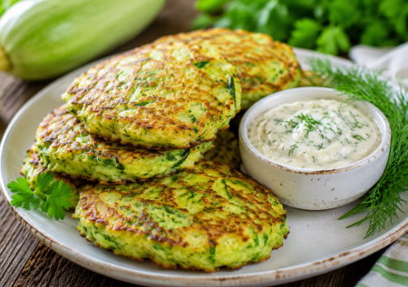 Все лето делаю зеленые кабачковые оладьи: вкусный способ съесть много зеленушки — подаю с сырно-чесночным соусом