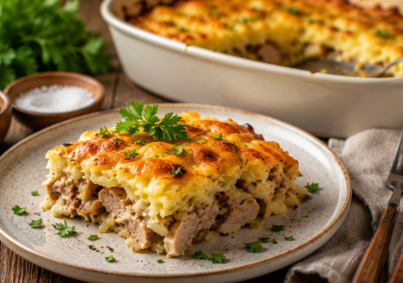 Вместо мяса по-французски у меня свинина по-генеральски: сытно, вкусно, а сырно-картофельная корочка покоряет всех