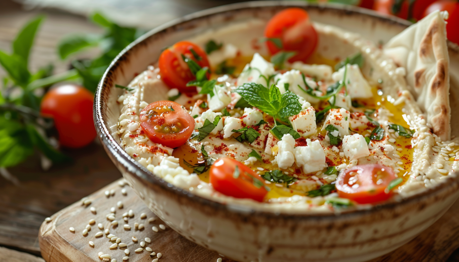 Греческий боул с хумусом, помидорами черри и мятой