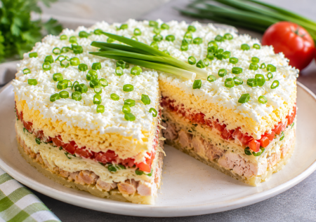 Салат «Облако» с копченой курицей и помидорами: нежный, сочный и красивый в разрезе