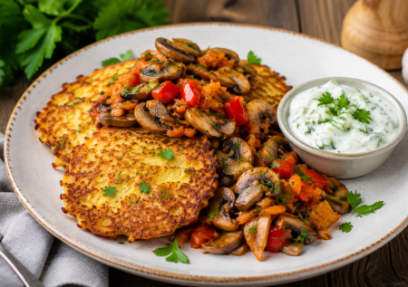 Картофельные лепешки с поджаркой из грибов и соусом — получается шедевр. Все просят рецепт вместо драников