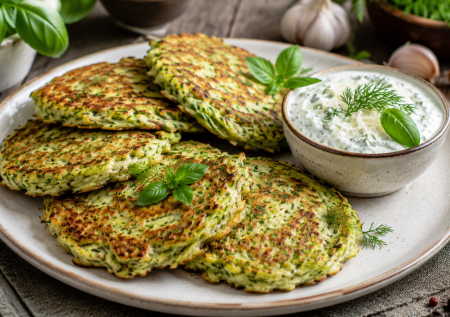 Все лето делаю зеленые оладьи с сыром: вкусный рецепт, чтобы съесть много зелени — подаю с чесночно-сырным соусом