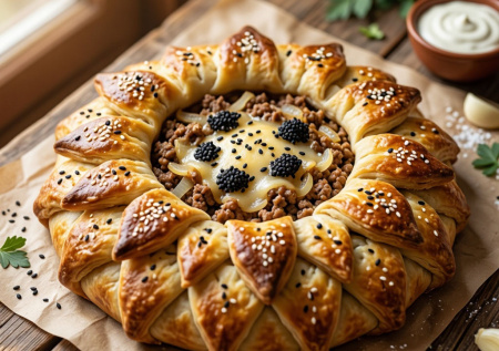 Все лето пеку пирог «Подсолнух» с мясом и сыром: вкусный способ удивить гостей — подаю с чесночным соусом