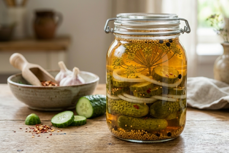 Острые маринованные огурцы с луковыми кольцами и горчичным зерном