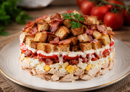 Сытный салат «Кармен» с яйцами, беконом и курицей — простой, но с обалденным вкусом