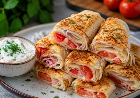 В лаваш заворачиваем сыр, помидор и любое мясо: рулет печем за 15 минут — макаем в чесночный соус и наслаждаемся