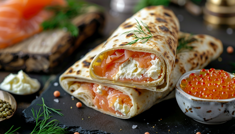 Рулет из лаваша с красной рыбой, плавленым сыром и икорной ноткой