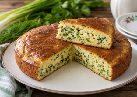 Пока лук особо свежий и зеленый, делаем заливной пирог с яйцами. Вкусное тесто на кефире подойдет и для других начинок
