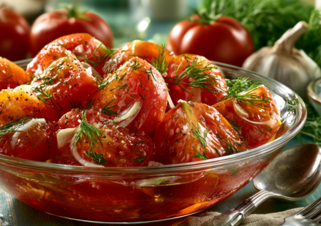 Маринованные помидоры с пряным вкусом — рецепт, который я называю «зимний десерт». Сладкие, упругие, с ароматом чеснока