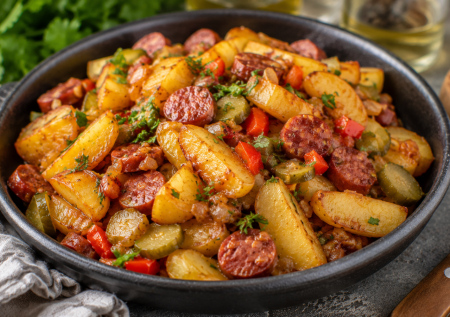 Жареная картошка по мотивам азу: вкуснятина с охотничьими колбасками и солеными огурцами