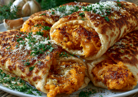 Обжариваю лаваш с тыквой и чесноком — сладковато-пикантные рулетики, вкуснее любых чесночных гренок