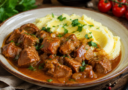 Гуляш из свиной шейки получается бархатистый: мясо расходится на волокна и тает во рту — подлива идеальна к любому гарниру