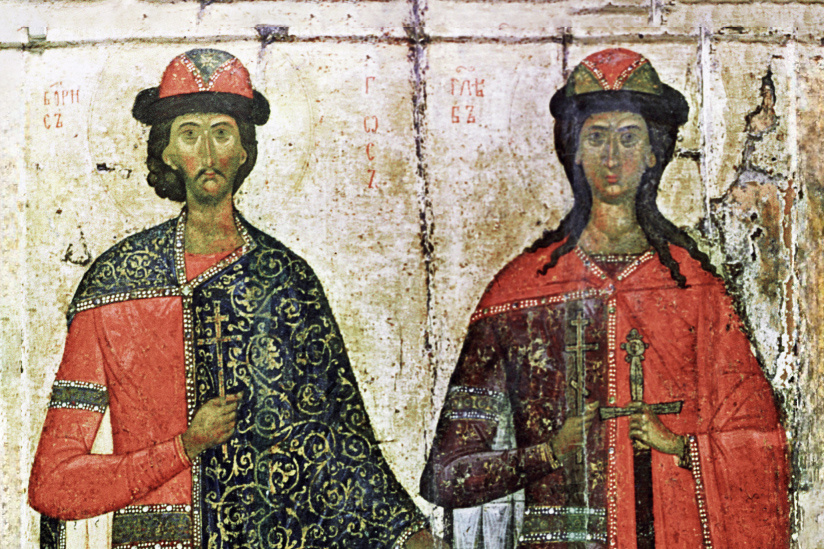 Репродукция иконы «Борис и Глеб» (XIV в.) из собрания Государственного Русского музея
