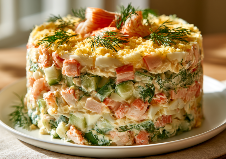 Не мешаю, выкладываю слоями: салат «Неженка» с крабовыми палочками — вкуснее классики, меньше калорий