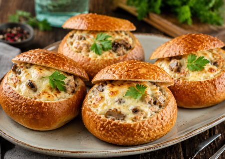 Беру булочки и делаю быстрый жульен: вкуснота из курочки и грибов в духовке