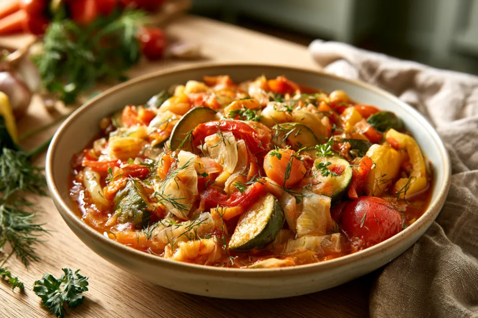 Нежное рагу с кабачками, капустой и сладким перцем