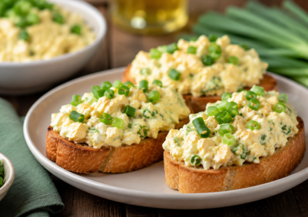 Яйца разминаю вилкой и добавляю зеленый лук: простая и очень вкусная намазка на поджаристый хлеб