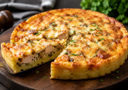 Вкуснее любой пиццы: пирог на картофельной основе — копченая курочка, сыр и не оторваться
