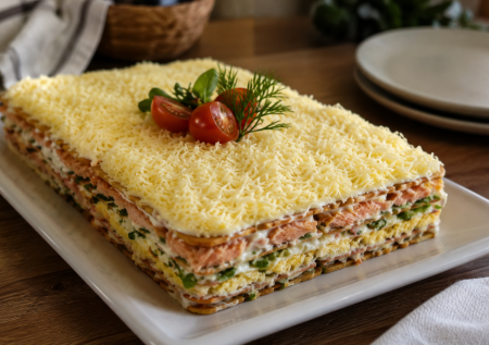 Чередую слои и собираю закуску «Мимоза» с крекером — любимый вкус в новом формате