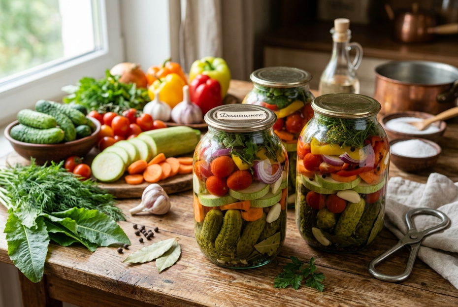 Маринованное овощное ассорти в банках с огурцами, томатами и кабачками