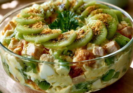 Киви в салате? Да! Готовлю «Малахитовый браслет»: сочная курица, нежный сыр и пикантная заправка
