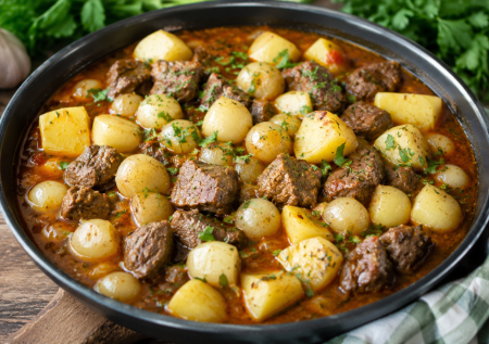 Турецкое луковое мясо: готовим интересное рагу с картошкой в 1 сковороде