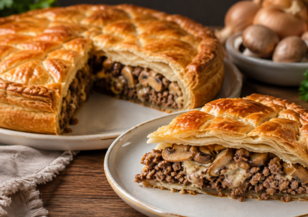 Большой мясной пирог: без дрожей и расстойки — пачка теста, внутри фарш, грибы и много сыра