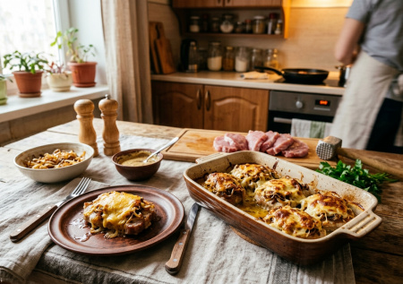 Мясо по-французски теперь делаю проще: свинина, лук и сыр, а гости думают, что я старалась