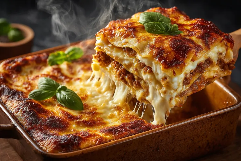 Традиционная лазанья с мясным рагу и молочным соусом