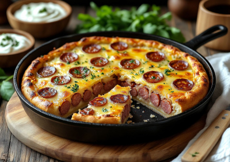Заливаю сосиски тестом — на выходе пирог-лепешка вкуснее пиццы: дешевые ингредиенты да сковорода