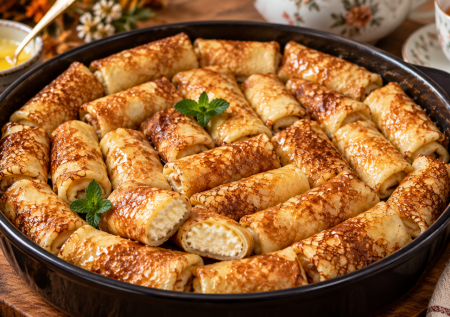 Блины-малютки в духовке: нежная начинка как чизкейк — вкуснота для осеннего чаепития