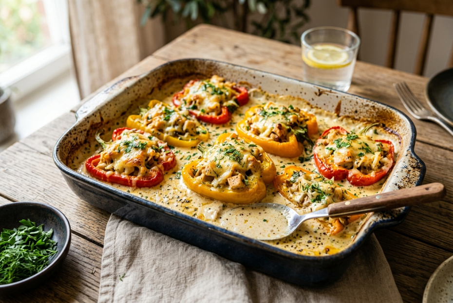 Перцы с курицей и сыром в сливках