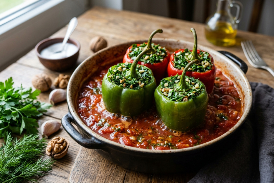 Перец, фаршированный зеленью и чесноком, в томатной заливке