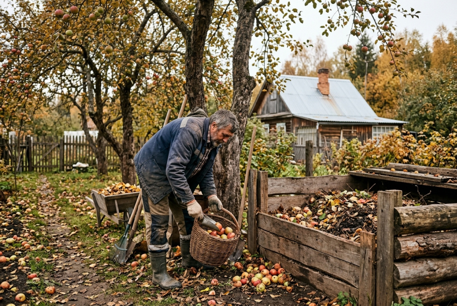 Убрать падалицу и больные растительные остатки