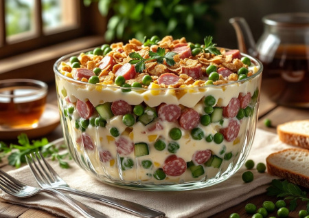 Салат с горошком вкуснее оливье: на застолье «Мужские слезы» всегда съедаются первыми — с сервелатом