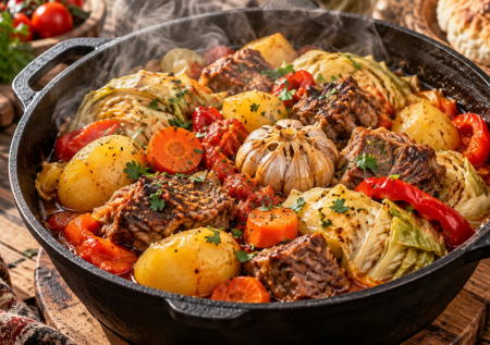 Беру капусту прямо листьями, картошку и любое мясо: готовлю басму — ароматное рагу в казане