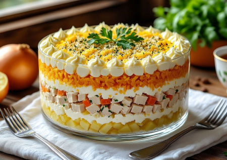 Забудьте о консервах и запахе рыбы — мясная версия «Мимозы»: с курицей и плавленым сырком