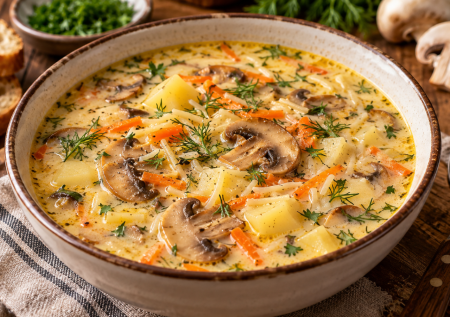 Без мяса и долгого бульона, но сытный и сливочный: суп с шампиньонами и плавленым сыром — вкуснота для осеннего обеда