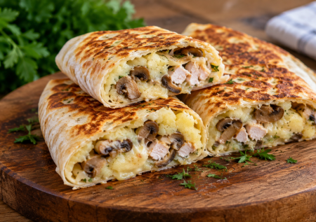 Не пирожки и не шаурма: заворачиваю картошку, грибы и копченую курицу в лаваш — хрустит снаружи, внутри сочная начинка