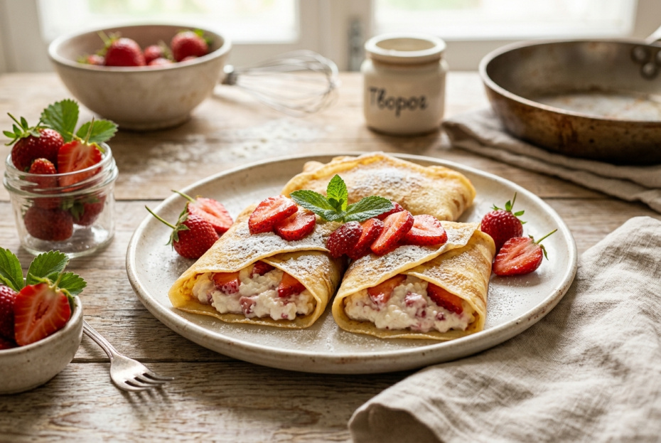 Нежные блины с творогом и клубникой